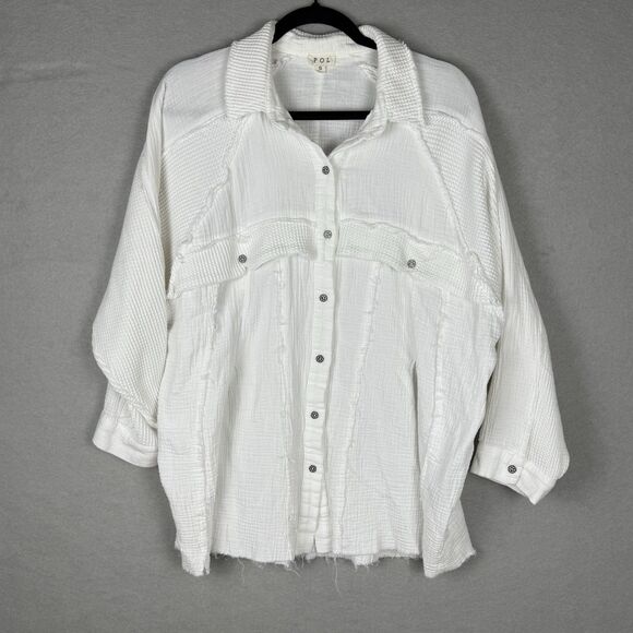 POL Oversized White Button Up Star Buttons Boho Beachy Sz S Raw Hems - Picture 1 of 6